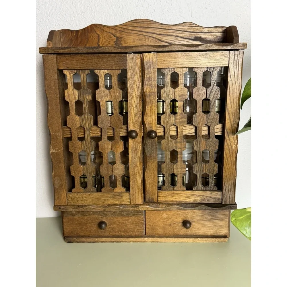 Vintage Japan Wood Spice Cabinet Wall Rack Glass Jars Drawers Apothecary MCM‎